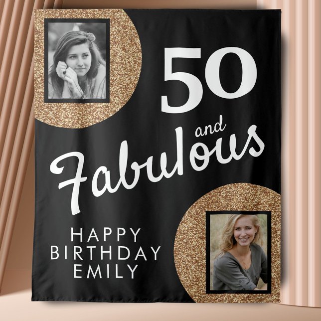 50 and Fabulous Gold Glitter 2 Photo 50th Birthday Tapestry (Creator Uploaded)