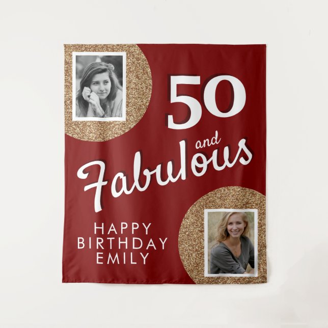 50 and Fabulous Gold Glitter 2 Photo 50th Birthday Tapestry (Front)