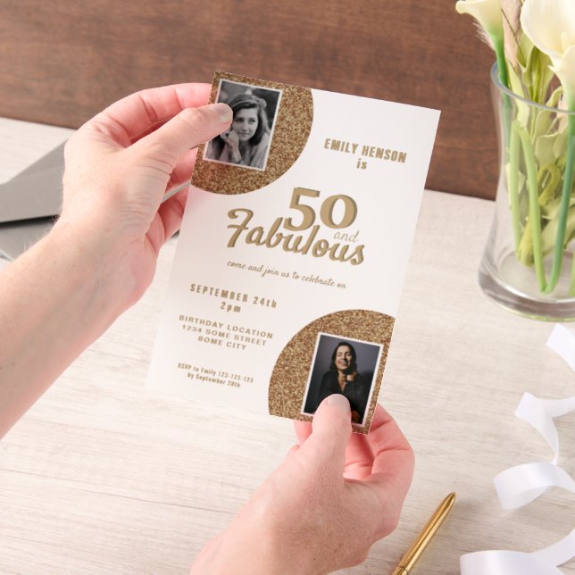 50 and Fabulous Gold Glitter 2 Photo 50th Birthday Vellum Invitations (Handheld)