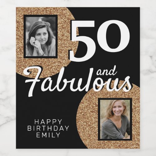 50 and Fabulous Gold Glitter 2 Photo 50th Birthday Wine Label