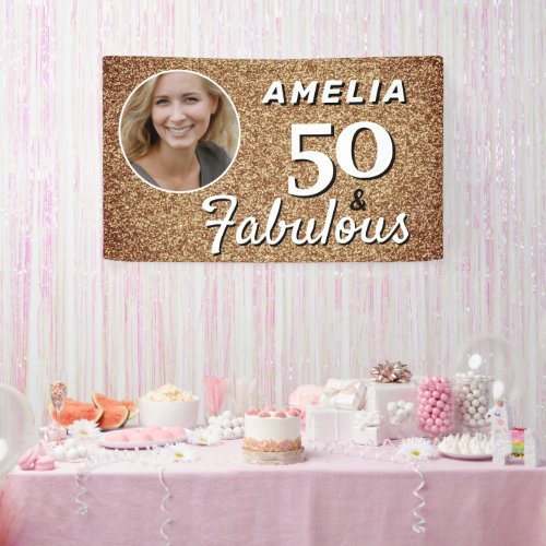 50 and Fabulous Gold Glitter 50th Birthday Photo Banner