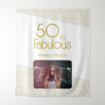 50 and Fabulous Gold Glitter 50th Birthday Photo  Tapestry<br><div class="desc">50 and Fabulous Gold Glitter Photo 50th Birthday Photo Backdrop Tapestry. Modern birthday backdrop with trendy typography and faux gold glitter dots. The design has a custom photo and name. Make personalized 50th birthday tapestry for her.</div>
