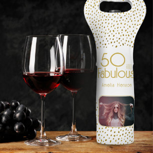 50 and Fabulous Gold Glitter 50th Birthday Photo Wine Bag