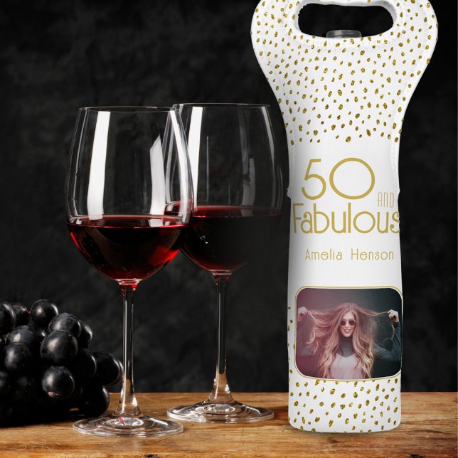 50 and Fabulous Gold Glitter 50th Birthday Photo Wine Bag (Creator Uploaded)