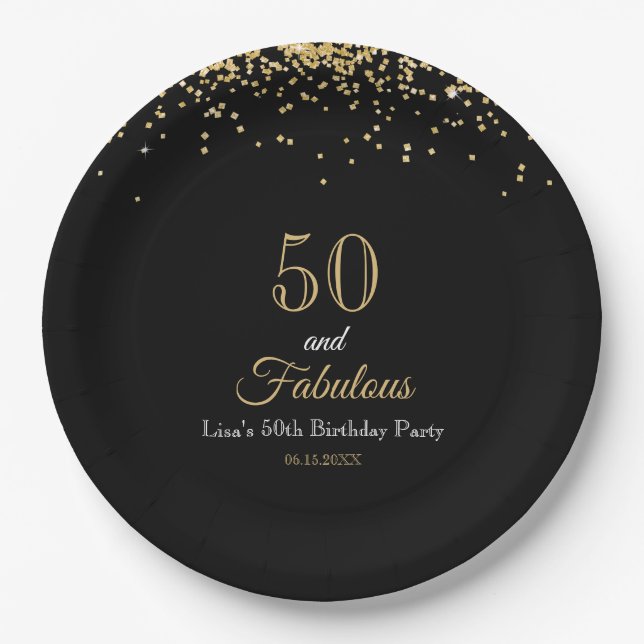50 and Fabulous Gold Glitter and Black Birthday Paper Plates (Front)