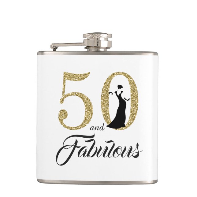 50 and Fabulous Gold Glitter Birthday Gift Flask (Front)