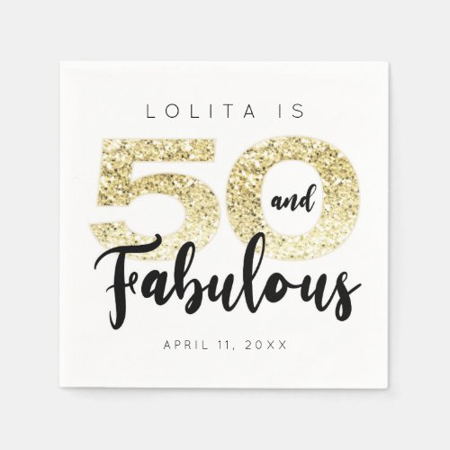 50 and Fabulous Gold Glitter Birthday Party Napkins