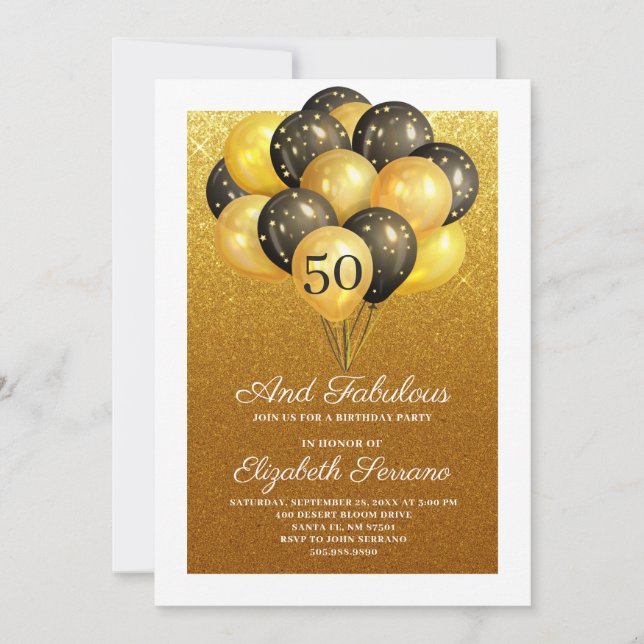 50 And Fabulous Gold Glitter Black Balloons Party Invitation (Front)