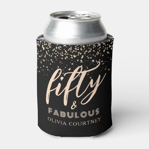 50 and Fabulous Gold Glitter Black Birthday Can Cooler