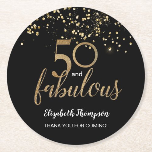 50 and fabulous gold glitter confetti personalized round paper coaster