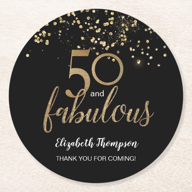 50 and fabulous gold glitter confetti personalized round paper coaster (Front)