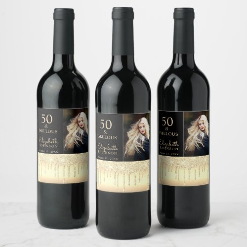 50 and Fabulous Gold Glitter Drip Birthday Party Wine Label