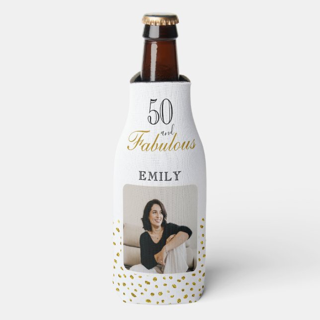 50 and Fabulous Gold Glitter Photo 50th Birthday Bottle Cooler (Bottle Front)