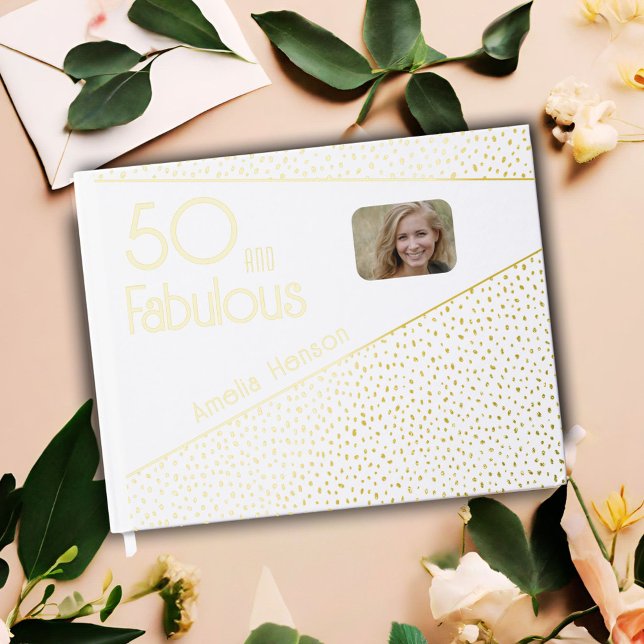 50 and Fabulous Gold Glitter Photo 50th Birthday Foil Guest Book (Creator Uploaded)