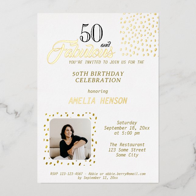 50 and Fabulous Gold Glitter Photo 50th Birthday Foil Invitation (Front)