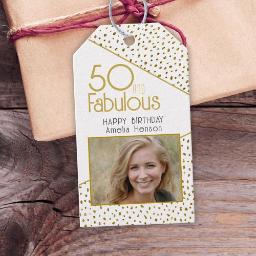 50 and Fabulous Gold Glitter Photo 50th Birthday  Gift Tags