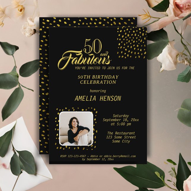 50 and Fabulous Gold Glitter Photo 50th Birthday Invitation (Creator Uploaded)