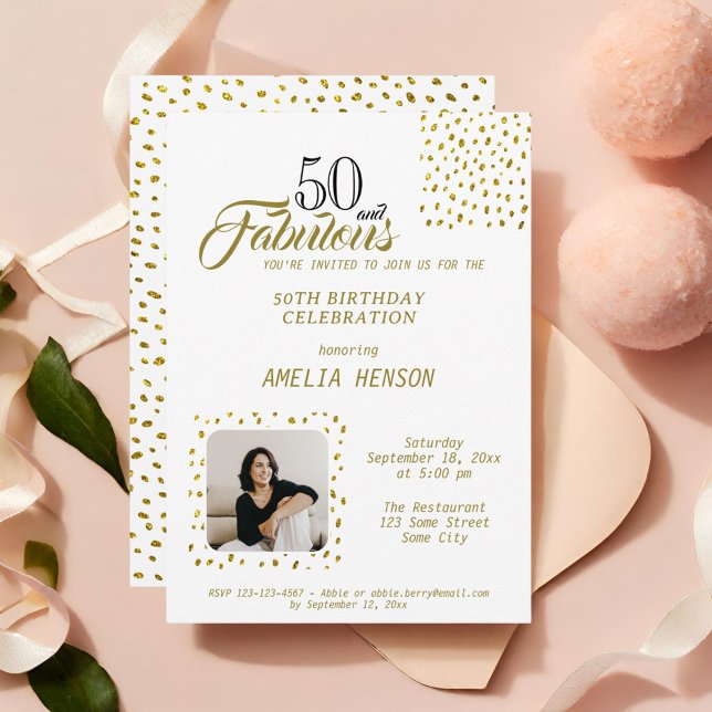 50 and Fabulous Gold Glitter Photo 50th Birthday Invitation (Creator Uploaded)