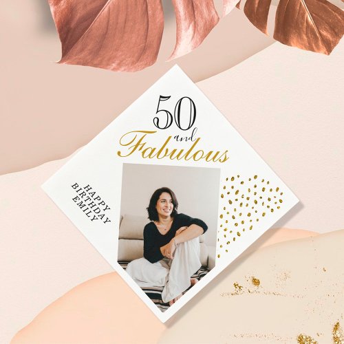 50 and Fabulous Gold Glitter Photo 50th Birthday Napkins
