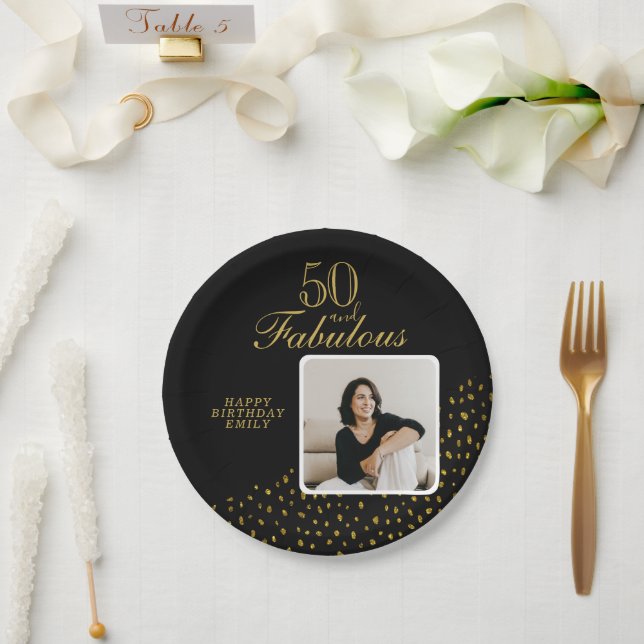 50 and Fabulous Gold Glitter Photo 50th Birthday Paper Plates (Wedding)