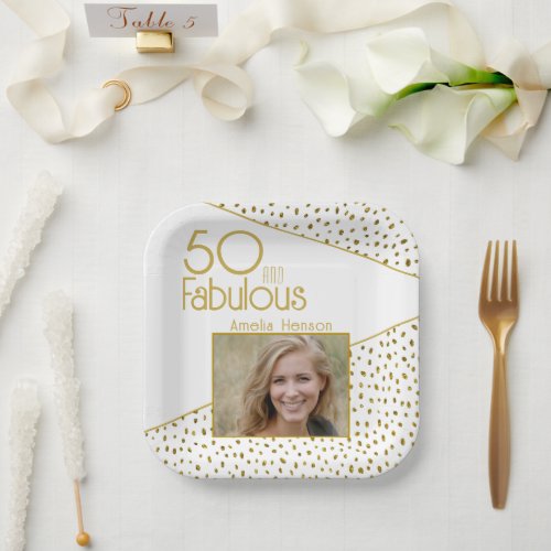 50 and Fabulous Gold Glitter Photo 50th Birthday Paper Plates