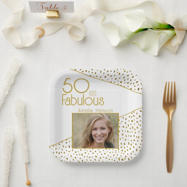50 and Fabulous Gold Glitter Photo 50th Birthday Paper Plates (Wedding)