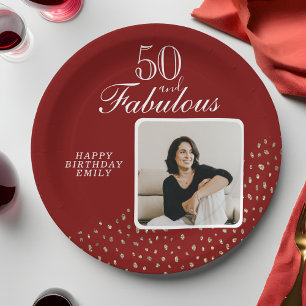 50 and Fabulous Gold Glitter Photo 50th Birthday Paper Plates