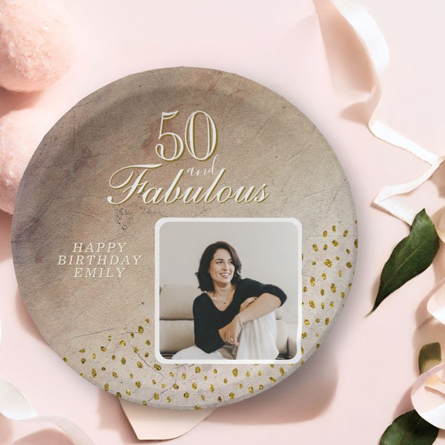 50 and Fabulous Gold Glitter Photo 50th Birthday Paper Plates (Creator Uploaded)