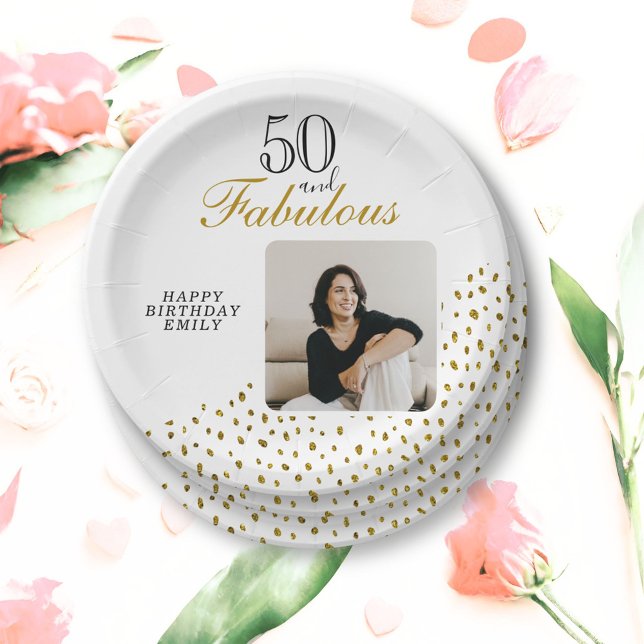 50 and Fabulous Gold Glitter Photo 50th Birthday Paper Plates (Creator Uploaded)