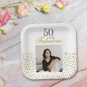 50 and Fabulous Gold Glitter Photo 50th Birthday Paper Plates