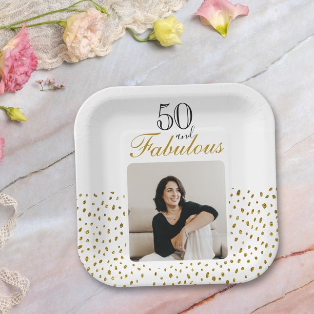50 and Fabulous Gold Glitter Photo 50th Birthday Paper Plates (Creator Uploaded)