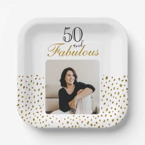 50 and Fabulous Gold Glitter Photo 50th Birthday Paper Plates