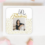 50 and Fabulous Gold Glitter Photo 50th Birthday Square Sticker<br><div class="desc">50 and Fabulous Gold Glitter Photo 50th Birthday Sticker. The design has faux gold glitter dots and the saying 50 and fabulous is in modern script. Customize with age and insert your photo into the template.</div>