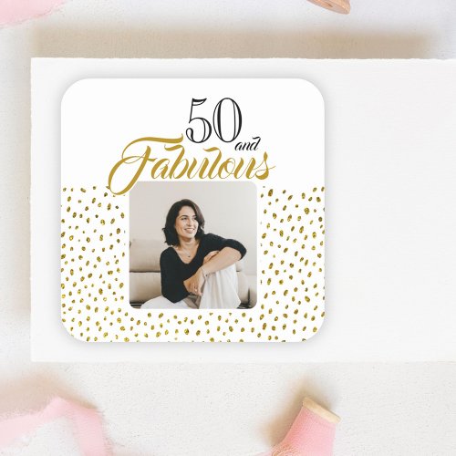 50 and Fabulous Gold Glitter Photo 50th Birthday Square Sticker