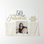 50 and Fabulous Gold Glitter Photo 50th Birthday Tapestry<br><div class="desc">50 and Fabulous Gold Glitter Photo 50th Birthday Party Tapestry. The design has faux gold glitter dots and the saying 50 and fabulous is in modern script. Make a 50th birthday party backdrop with a photo. Customize with name,  age and insert your photo into the template.</div>
