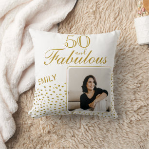 50 and Fabulous Gold Glitter Photo 50th Birthday Throw Pillow