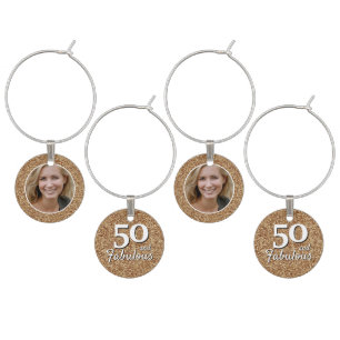 50 and Fabulous Gold Glitter Photo 50th Birthday Wine Charm