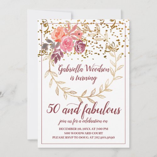 50 And Fabulous Gold Glitter Pink Marsala Floral I Invitation