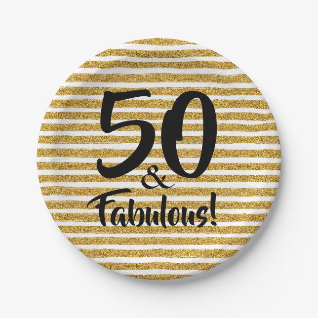 50 and Fabulous Gold Glitter Stripe Cake Plates (Front)