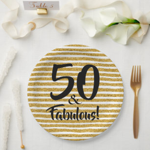 50 and Fabulous Gold Glitter Stripe Paper Plate
