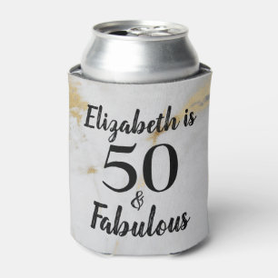 50 and Fabulous Gold Gray Marble with Black Text Can Cooler