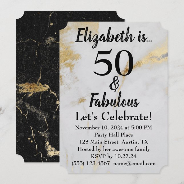 50 and Fabulous Gold Gray Marble with Black Text  Invitation (Front/Back)