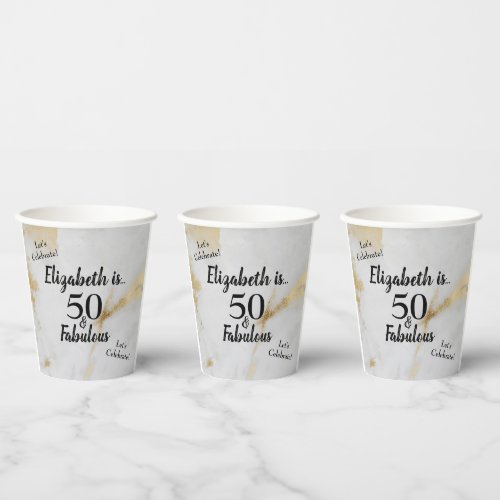 50 and Fabulous Gold Gray Marble with Black Text  Paper Cups