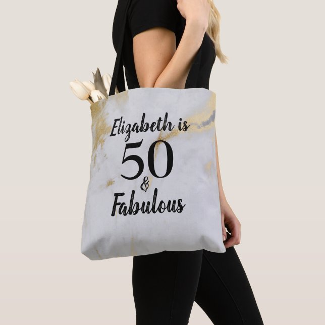 50 and Fabulous Gold Gray Marble with Black Text Tote Bag (Close Up)
