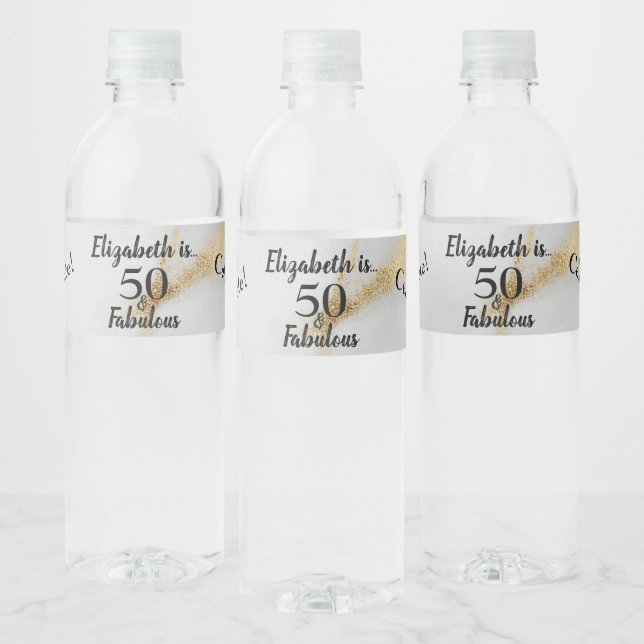 50 and Fabulous Gold Gray Marble with Black Text  Water Bottle Label (Bottles)