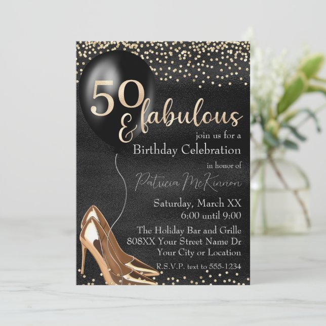 50 and Fabulous Gold High Heels on Black Invitation (Standing Front)