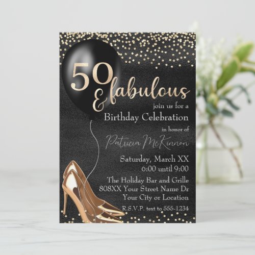 50 and Fabulous Gold High Heels on Black Invitation