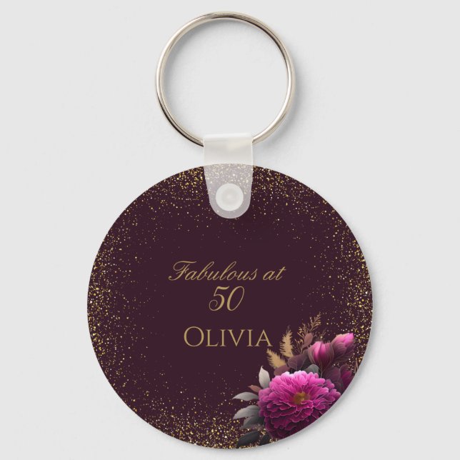 50 and Fabulous Gold Magenta Glitter Birthday Keychain (Front)