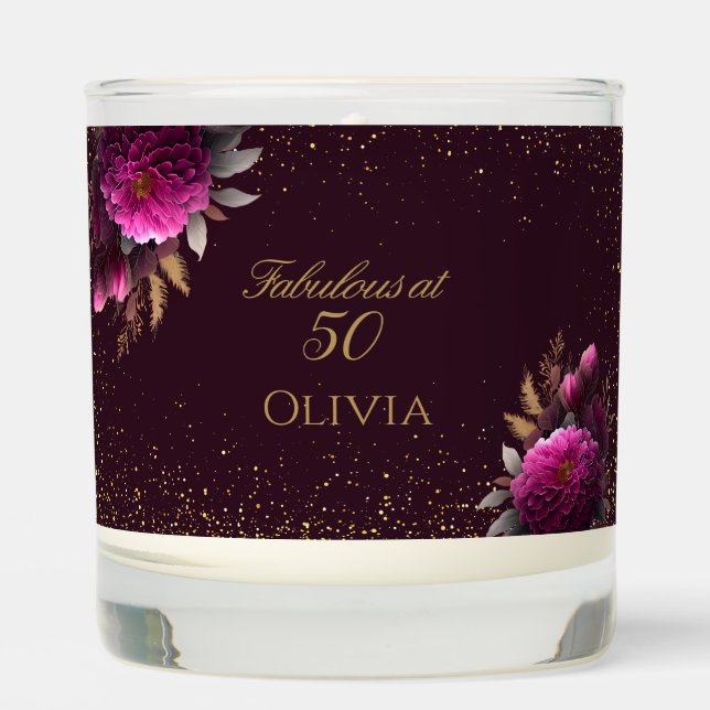 50 and Fabulous Gold Magenta Glitter Birthday Scented Candle (Front)