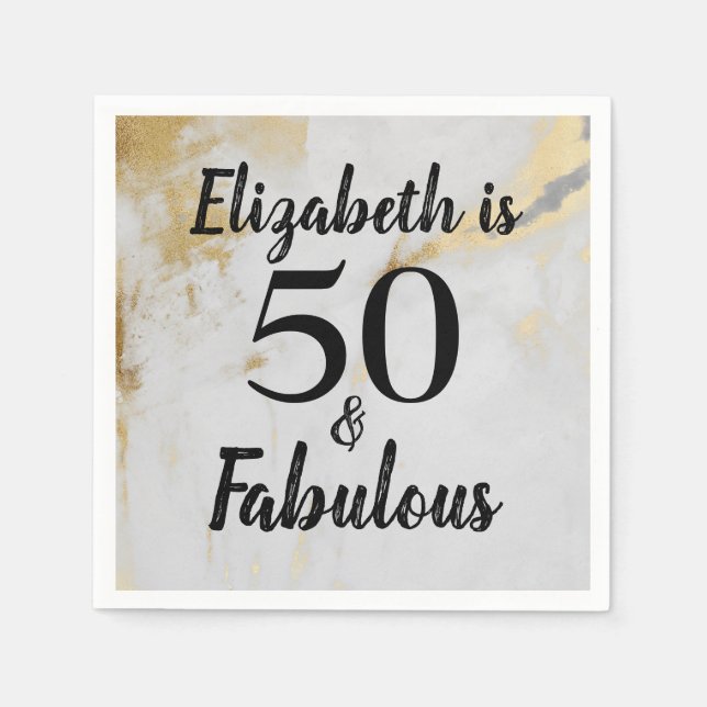 50 and Fabulous Gold Marble with Black Text Napkins (Front)